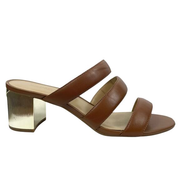 Michael Kors Paloma Flex Mule Sandals Gold Block Heel Brown Size 7M - Picture 1 of 11